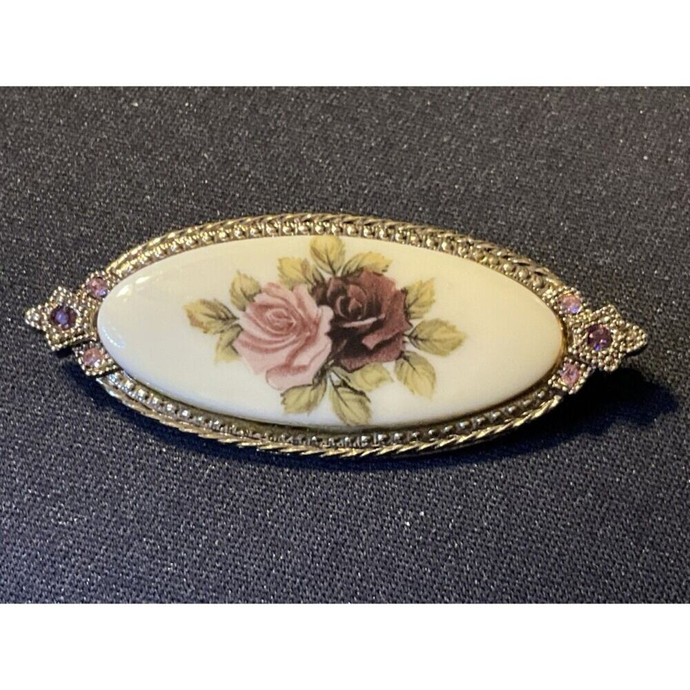 Vintage Porcelain Hand Painted Pink Purple Roses Gold Tone Brooch